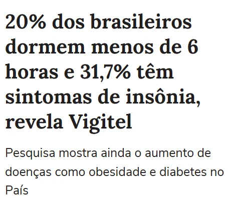 Matéria do Terra sobre o Vigitel: “20% dos brasileiros dormem menos de 6 horas e 31,7% têm sintomas de insônia”.