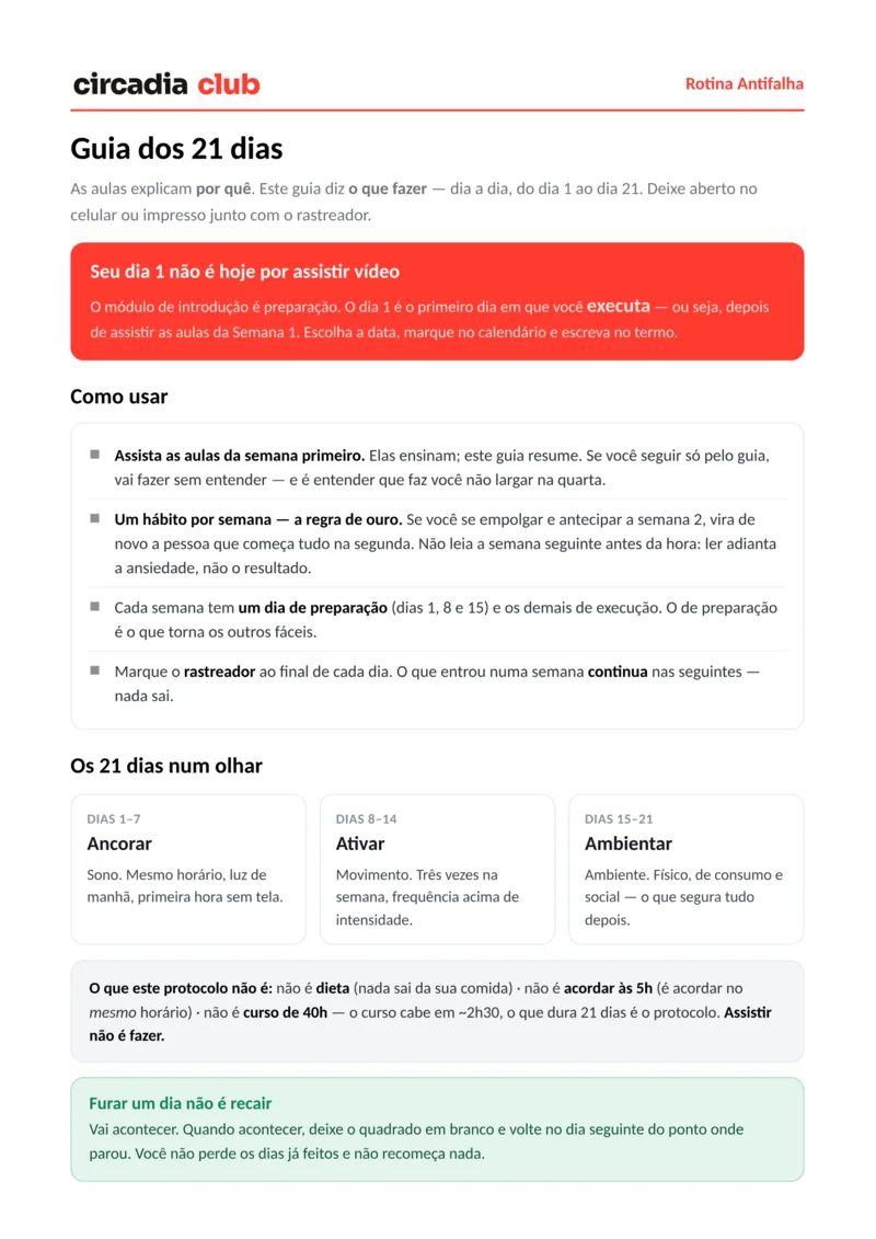 Primeira página do Guia dos 21 Dias, com o espaço da tarefa de cada dia.
